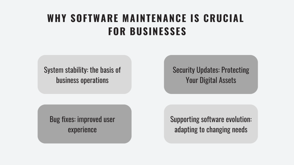 Why software maintenance is crutial for a business: System stability, Security Updates, Bug fixes, Supporting software evolution: adapting to changing needs, maintenance, maintenance software, software support, support software, support