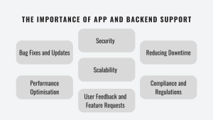 The importance of app and backend support: Bug Fixes and Updates, Performance Optimisation, Security, Scalability, User Feedback and Feature Requests, Reducing Downtime, Compliance and Regulations