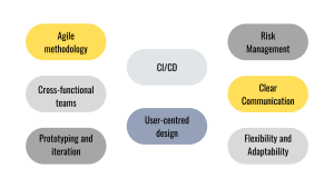 Strategies for Effective Project Management, Agile methodology, Cross-functional teams, Prototyping and iteration, Continuous Integration and Deployment (CI/CD), User-centred design, Risk Management, Clear Communication, Flexibility and Adaptability