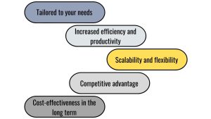 bespoke software development benefits, Tailored to your needs. Increased efficiency and productivity, Scalability and flexibility, Competitive advantage, Cost-effectiveness in the long term