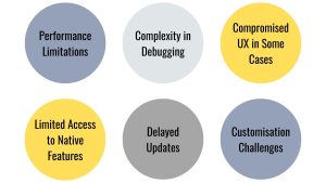 Cons of Cross-Platform App Development, Performance Limitations, Limited Access to Native Features, Complexity in Debugging, Delayed Updates, Compromised User Experience in Some Cases, Customisation Challenges