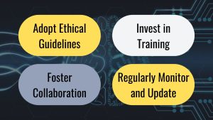 Strategies for Navigating Ethical Challenges, Adopt Ethical Guidelines, Foster Collaboration, Invest in Training, Regularly Monitor and Update, Ethical AI