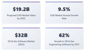 Custom Plugins for Oil & Gas CAD Platforms, Around 80 % of top-tier oil & gas engineering firms use CAD for plant layout, piping, and structural design. The global CAD software market was valued at US $12.6 bn in 2024, projected to reach US $19.2 bn by 2032, growing at a 9.5 % . The oil & gas software segment itself was worth US $32 bn in 2023, forecasted to grow at ~7.5 % CAGR through 2030. Specifically, oil & gas-specific engineering software – including CAD – is projected to grow from US $1.25 bn in 2024 to US $2.03 bn by 2031, at 6.9 %. 
