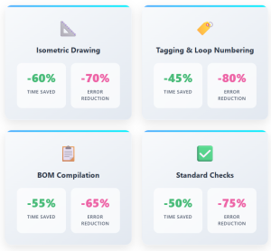 Custom Plugins for Oil & Gas CAD Platforms, Performance Gains: Statistics & Infographics, Infographic: A stacked bar showcasing pre/post-plugin productivity and error rate reductions.